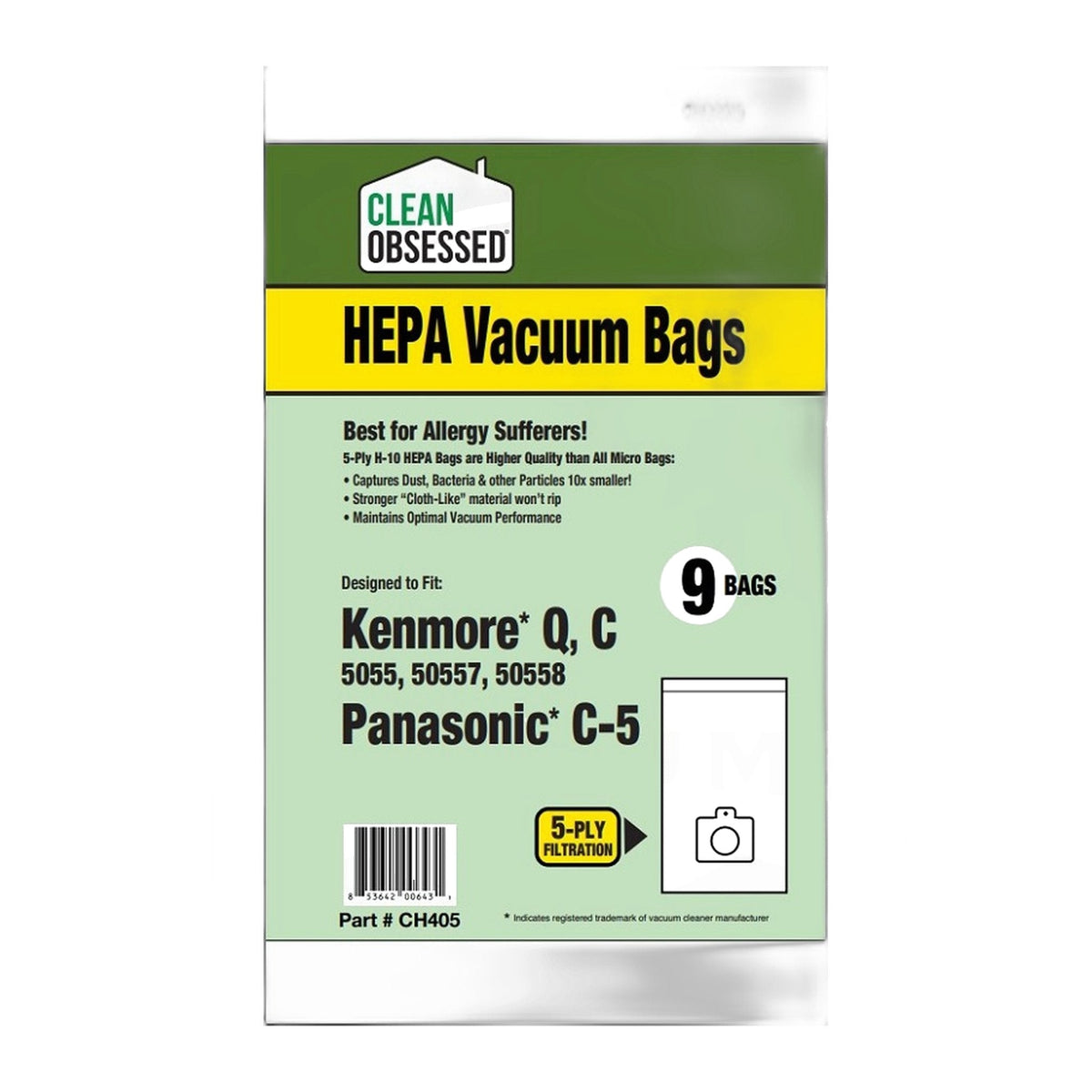 Clean Obsessed Kenmore 5055 50558 Type Q HEPA Vacuum Bags, 9-Pack