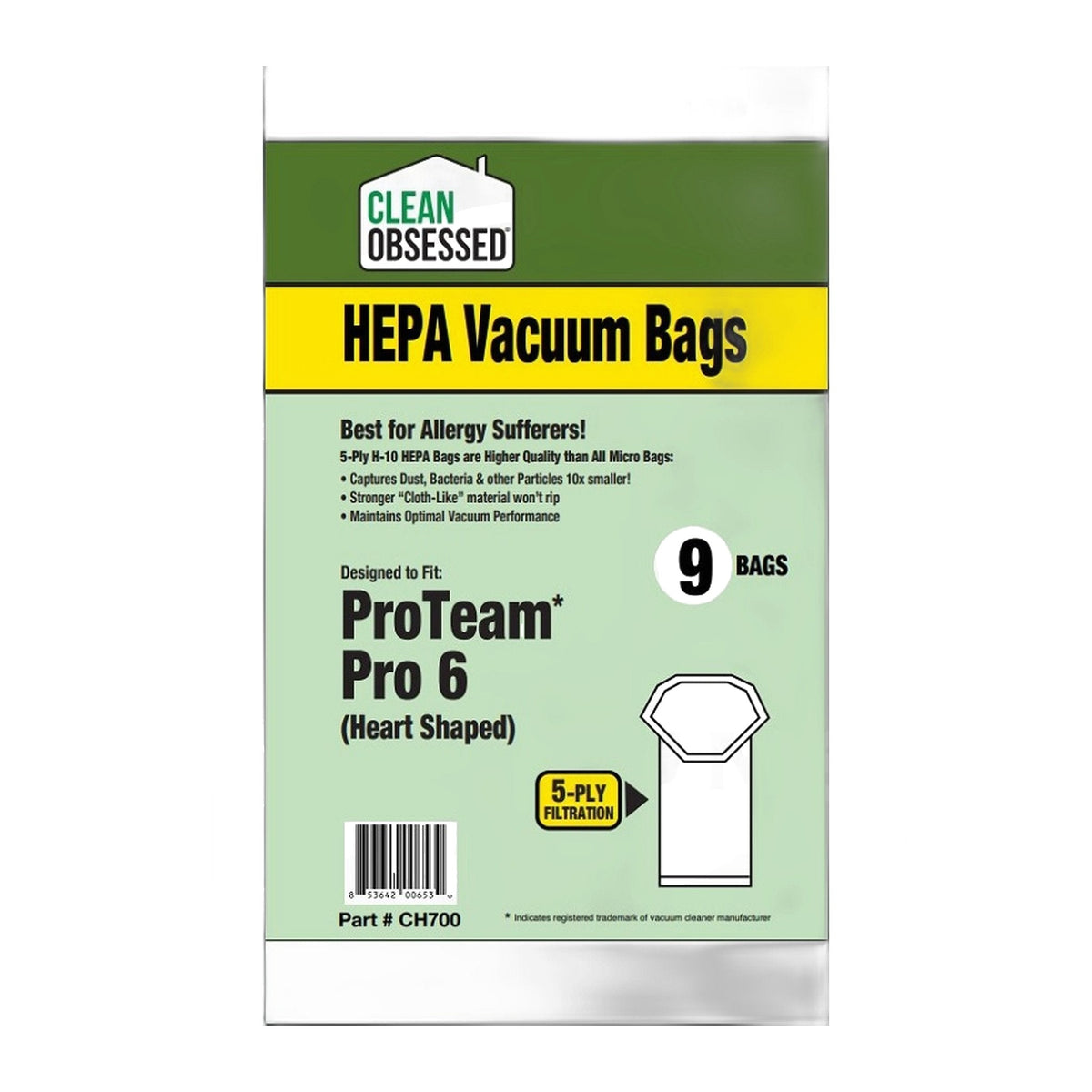 Clean Obsessed CH700 HEPA Bags for ProTeam Pro 6, 9-Pack
