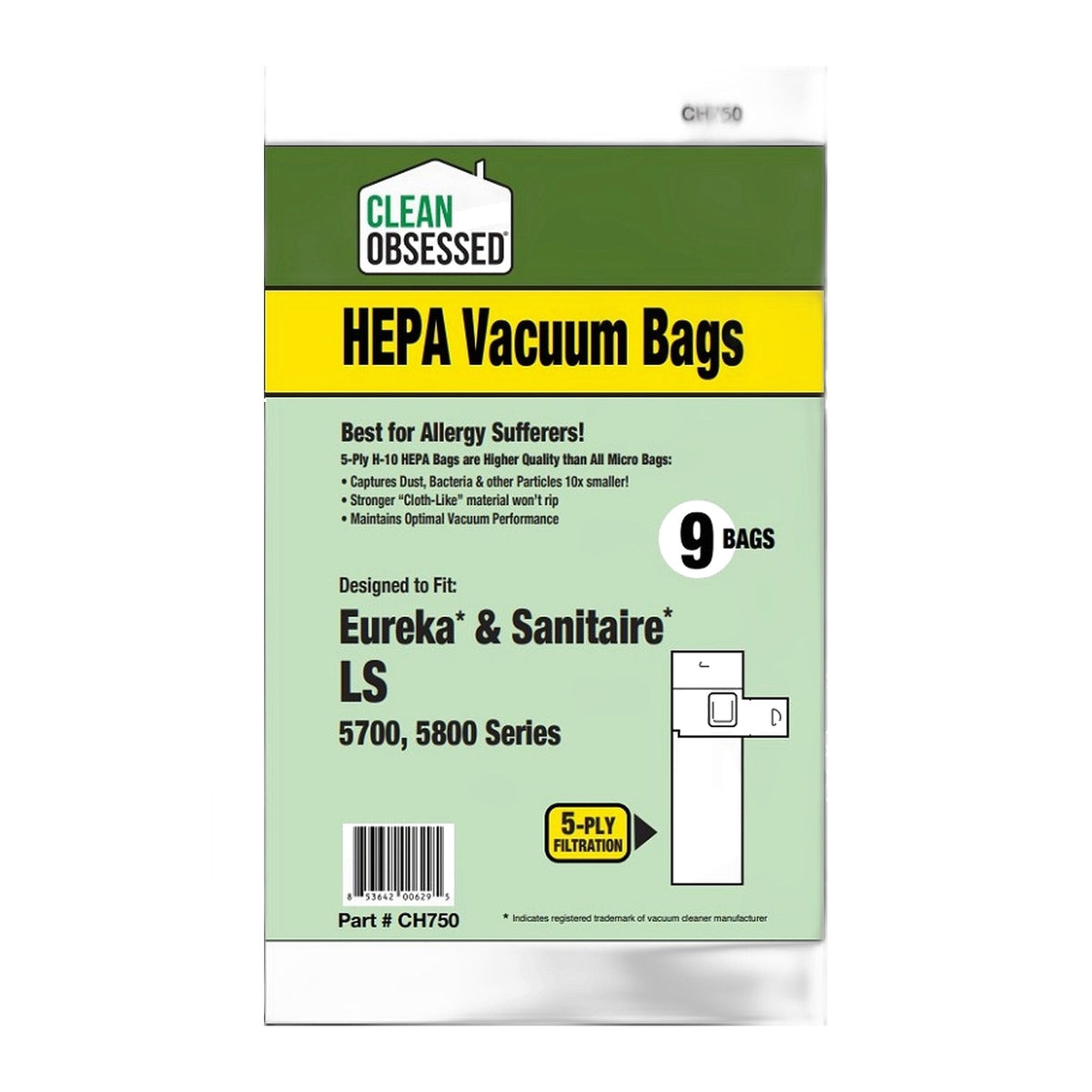 Clean Obsessed Type LS HEPA Vacuum Bags for Eureka/Sanitaire 5700 & 5800 (9-Pack)