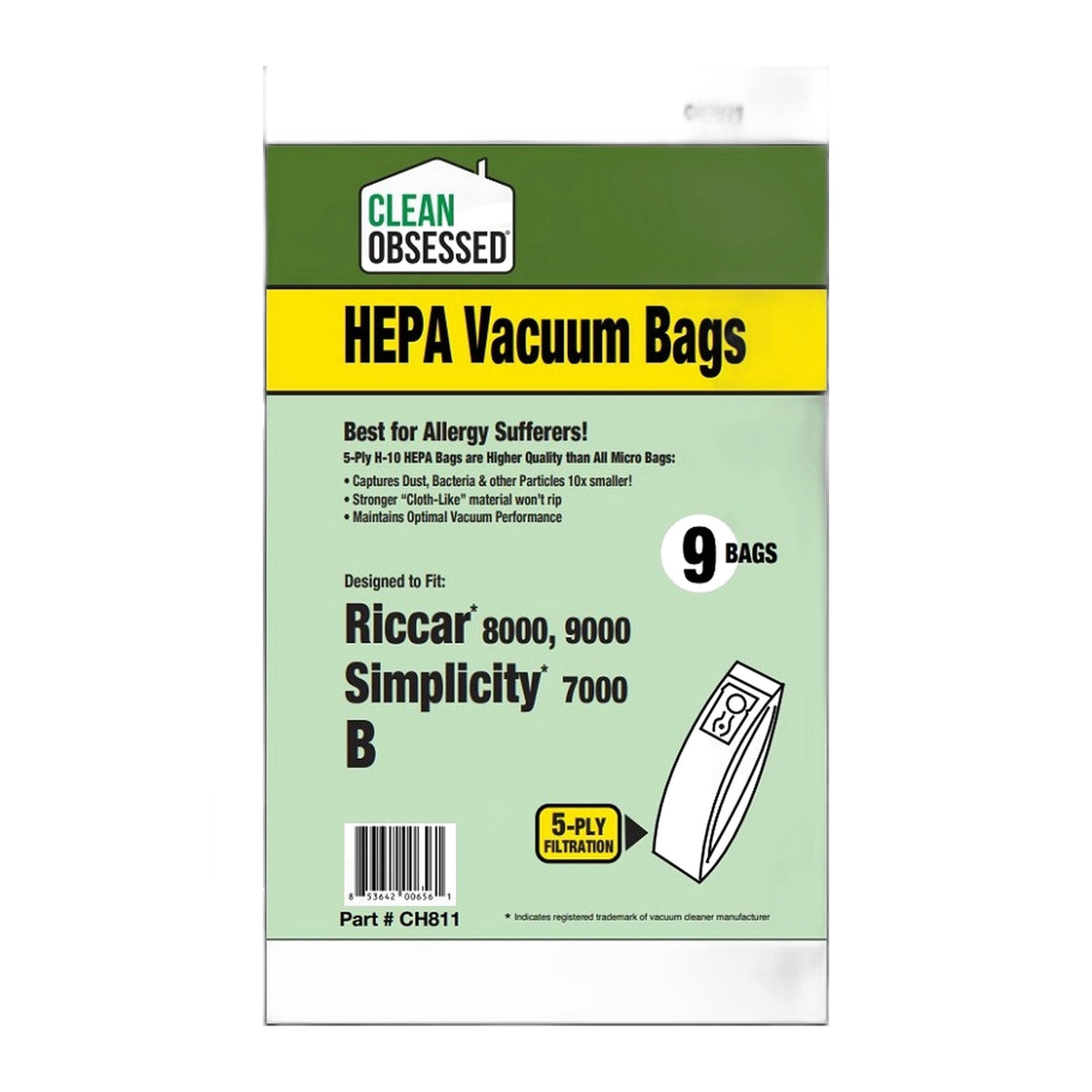 Clean Obsessed Type B Riccar / Simplicity HEPA Vacuum Bags, 9-Pack