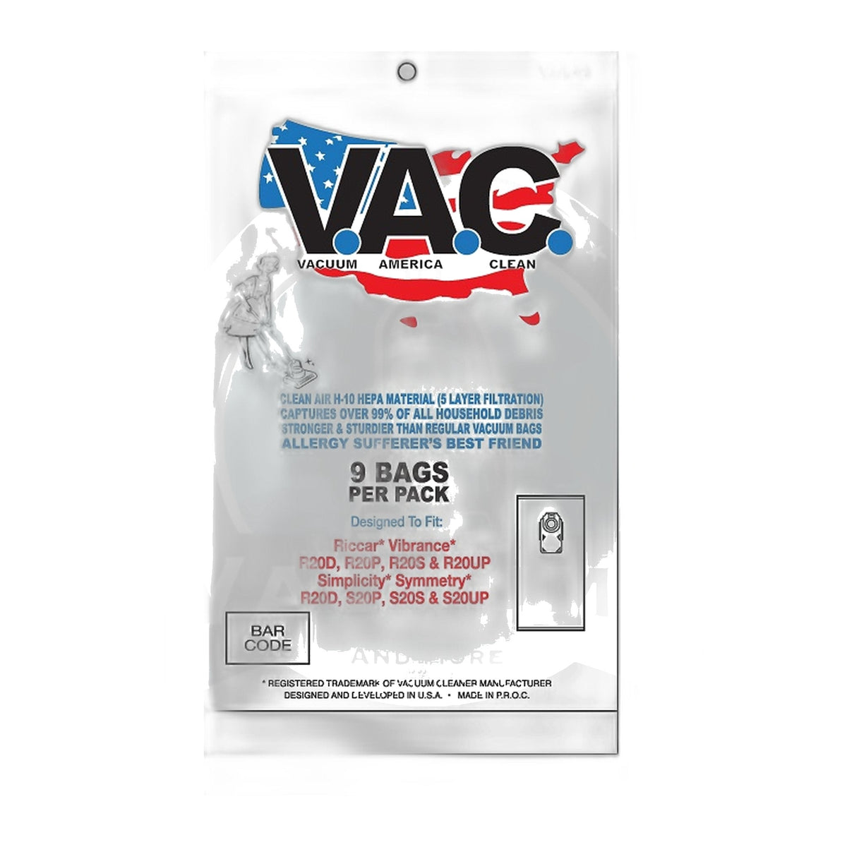 Perfect V.A.C. Type R20 HEPA Bags for Riccar Vibrance, Simplicity Symmetry, 9-Pack