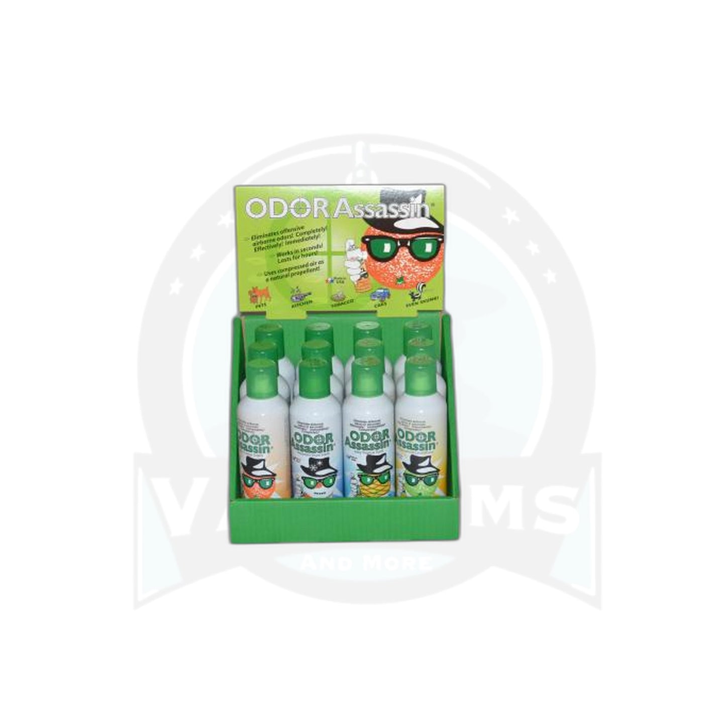 Odor Assassin Air Freshener Spray Cans - 12 Pack, 4 Scents (Orange, Lemon, Mountain Snow, Juicy Tropical)