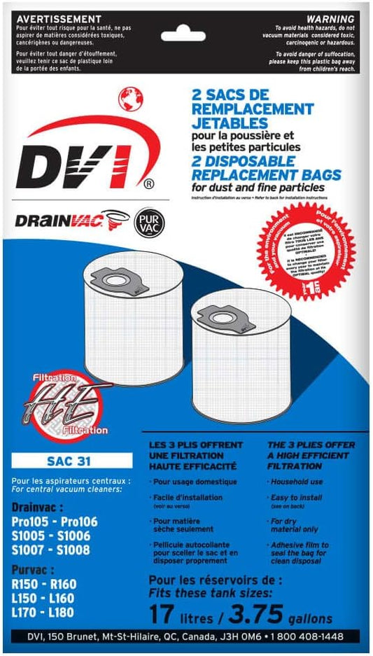 SAC-31 HEPA Central Vacuum 4 Gallon Bags, Top Fill, Pack of 2 - Drainvac