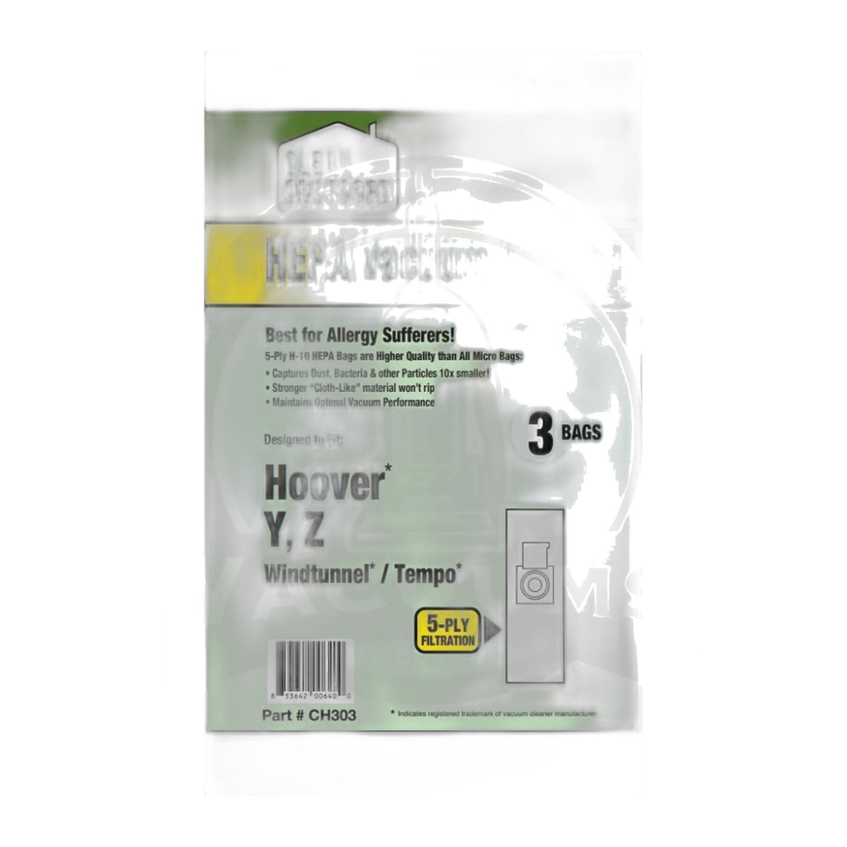 Clean Obsessed Hoover Type Y HEPA Vacuum Bags, 3-Pack (WindTunnel / Tempo)