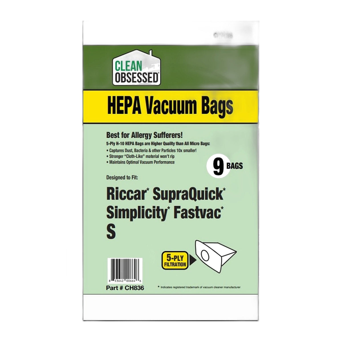 Clean Obsessed Type S HEPA Bags for Riccar SupraLite & Simplicity, 9-Pack