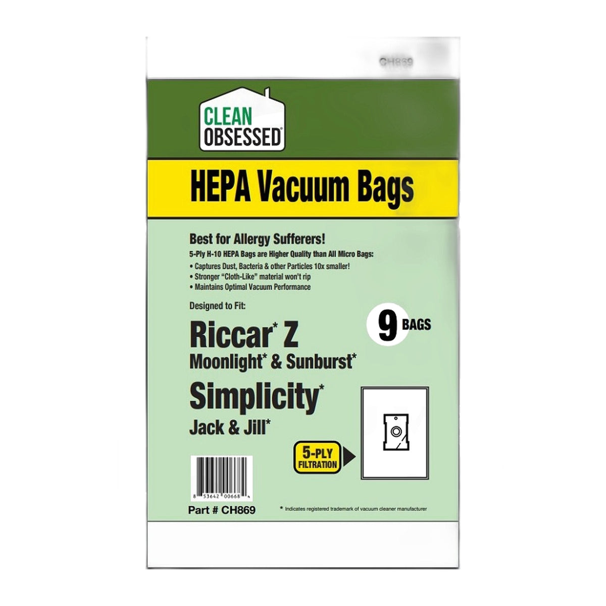 Clean Obsessed CH869 Type Z HEPA Bags for Riccar & Simplicity, 9-Pack