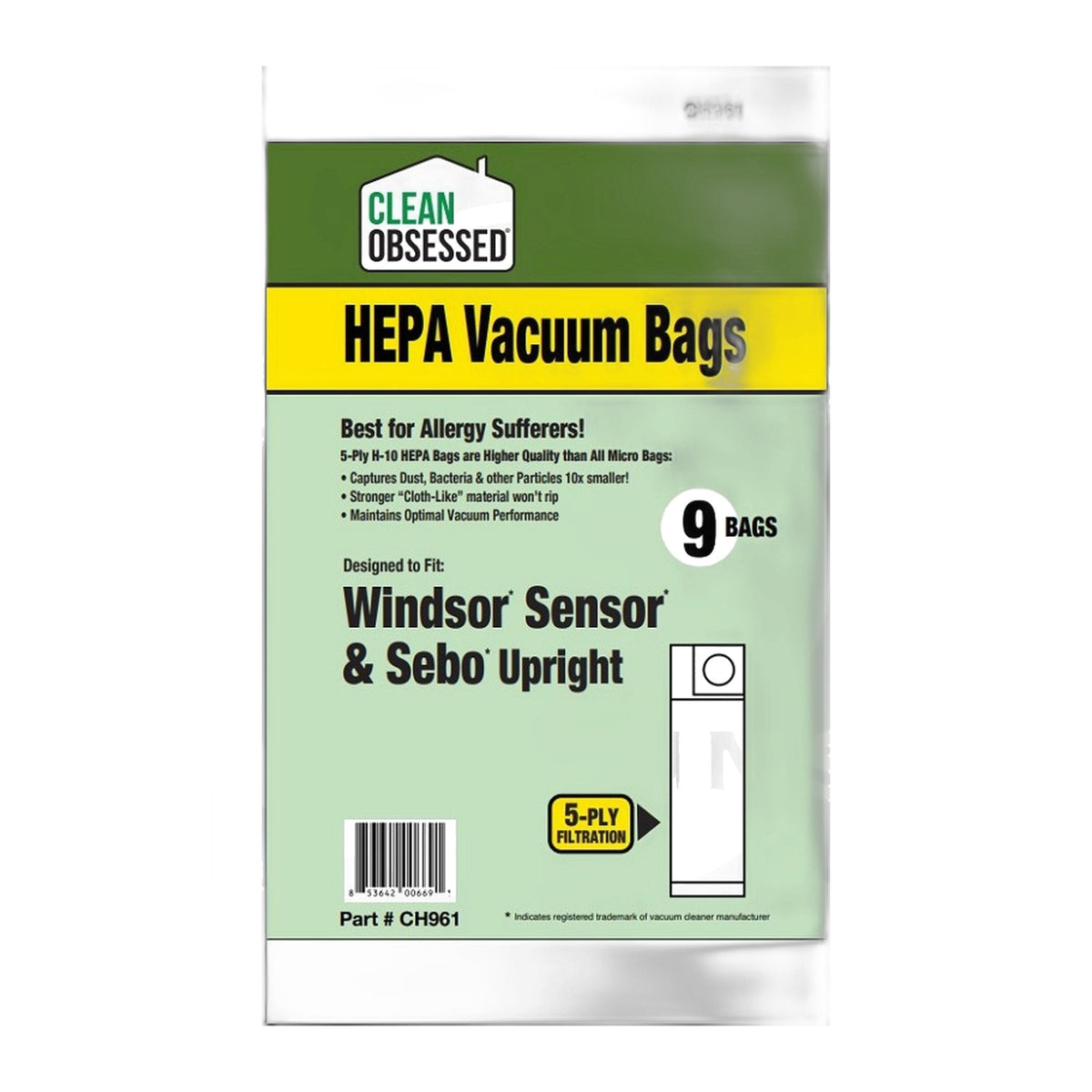 Clean Obsessed CH961 HEPA Bags for Windsor Sensor & SEBO X, 9-Pack