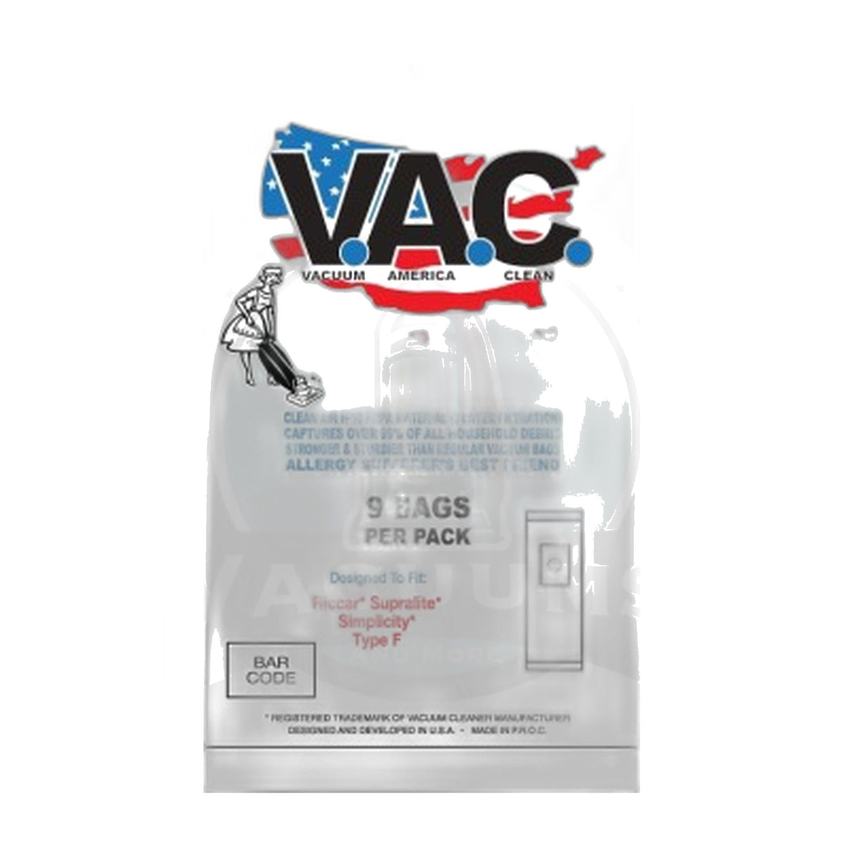 Perfect V.A.C. Type F HEPA Bags for Riccar SupraLite, Simplicity, 9-Pack